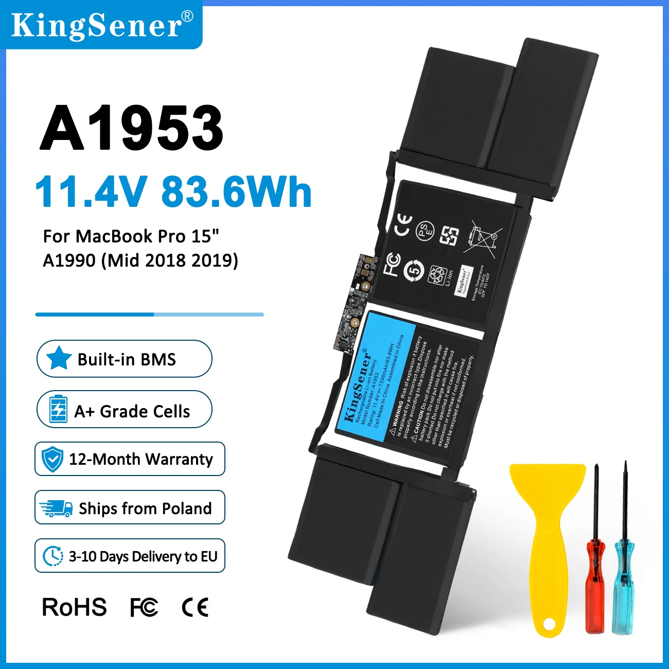 KingSener A1953 Laptop-Akku für Apple MacBook Pro 15' A1990 Touchbar 2018 2019 EMC 3215 MC3359 MR962LL 11,42V 83,6Wh