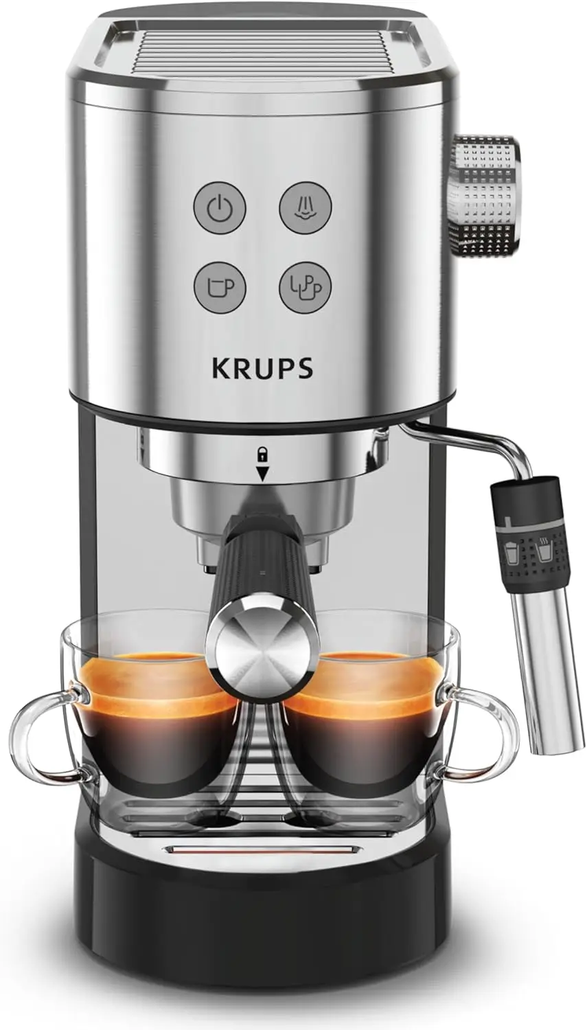 

Stainless Steel Espresso Machine: 15-Bar Pump Pressure, Milk Frother for Cappuccino and Latte, Fast Pre-Heat, 2-Cup Capacity