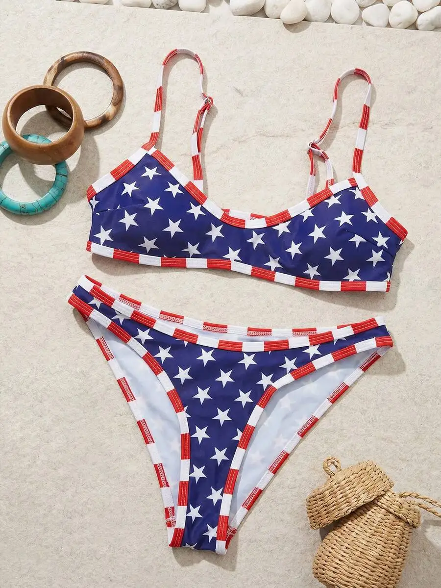 

Womens American Flag Print Bikini Set Blue White Star Red Trim Crop Top Triangle Bottom
