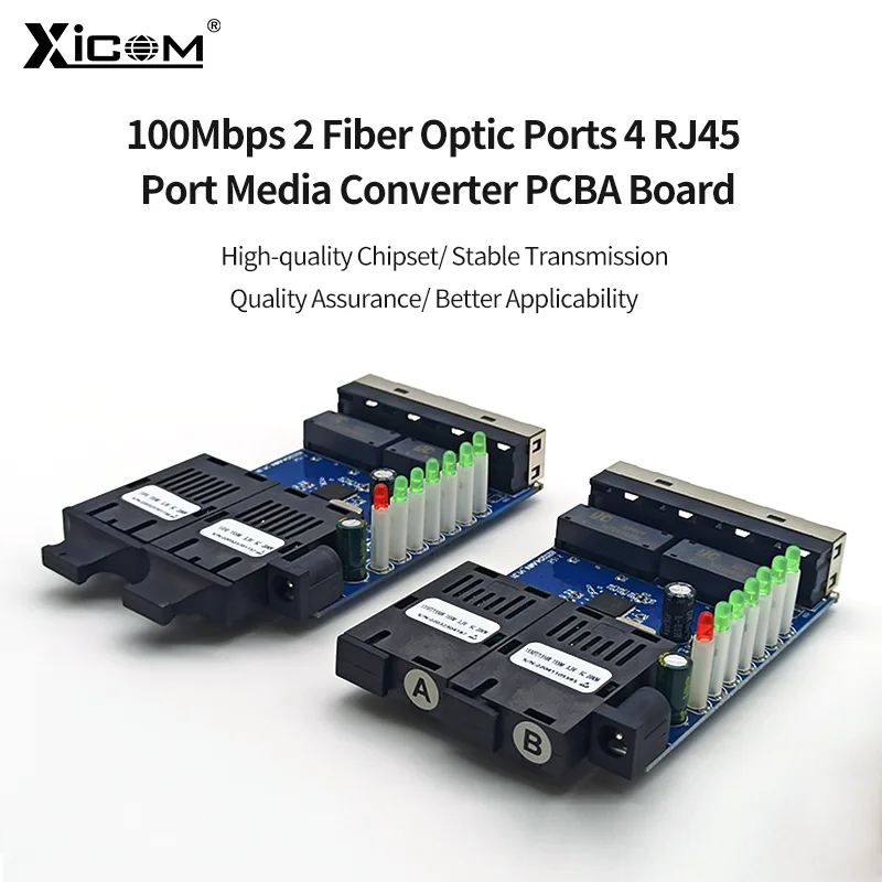 10/100M 20KM PCBA Board Ethernet Switch Fiber Optic Media Converter 2 Fiber Port 4 RJ45 Port Single Mode SC Optical Fiber Switch