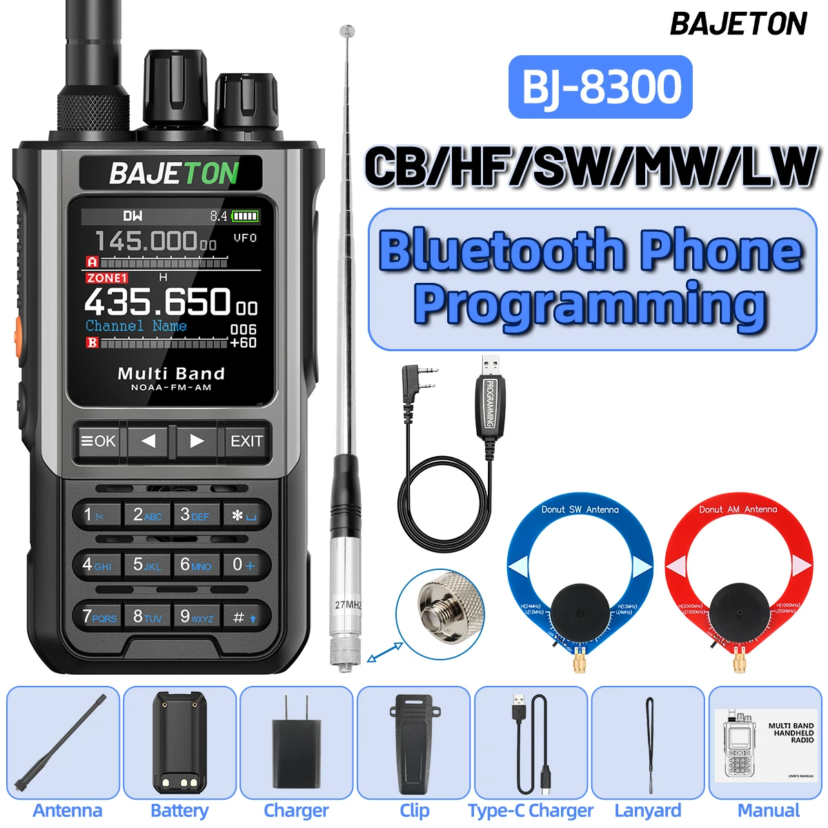BAJETON BJ-8300 Walkie Talkie 10W Tri Power SW MW LW AM SSB CB Ontvangen Draadloze Bluetooth Telefoon Programmering NOAA twee Manier Radio