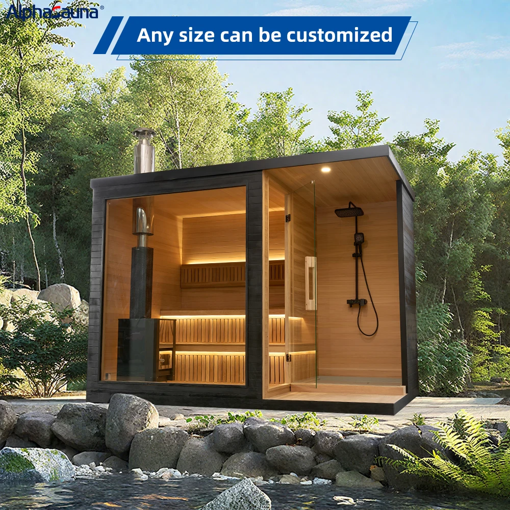 Modern Outdoor Large Sauna Design Indoor- Outdoor Wooden Dry Sauna Shower Combo Wood Burning Stoves Beautiful Outdoor Sauna