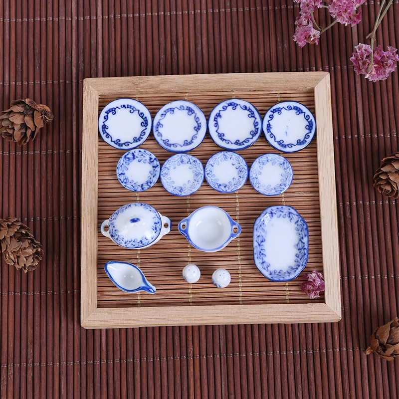 15Pcs/set Dollhouse Mini Ceramics Tableware Bowl Food Dishes Plates Kitchen Toy