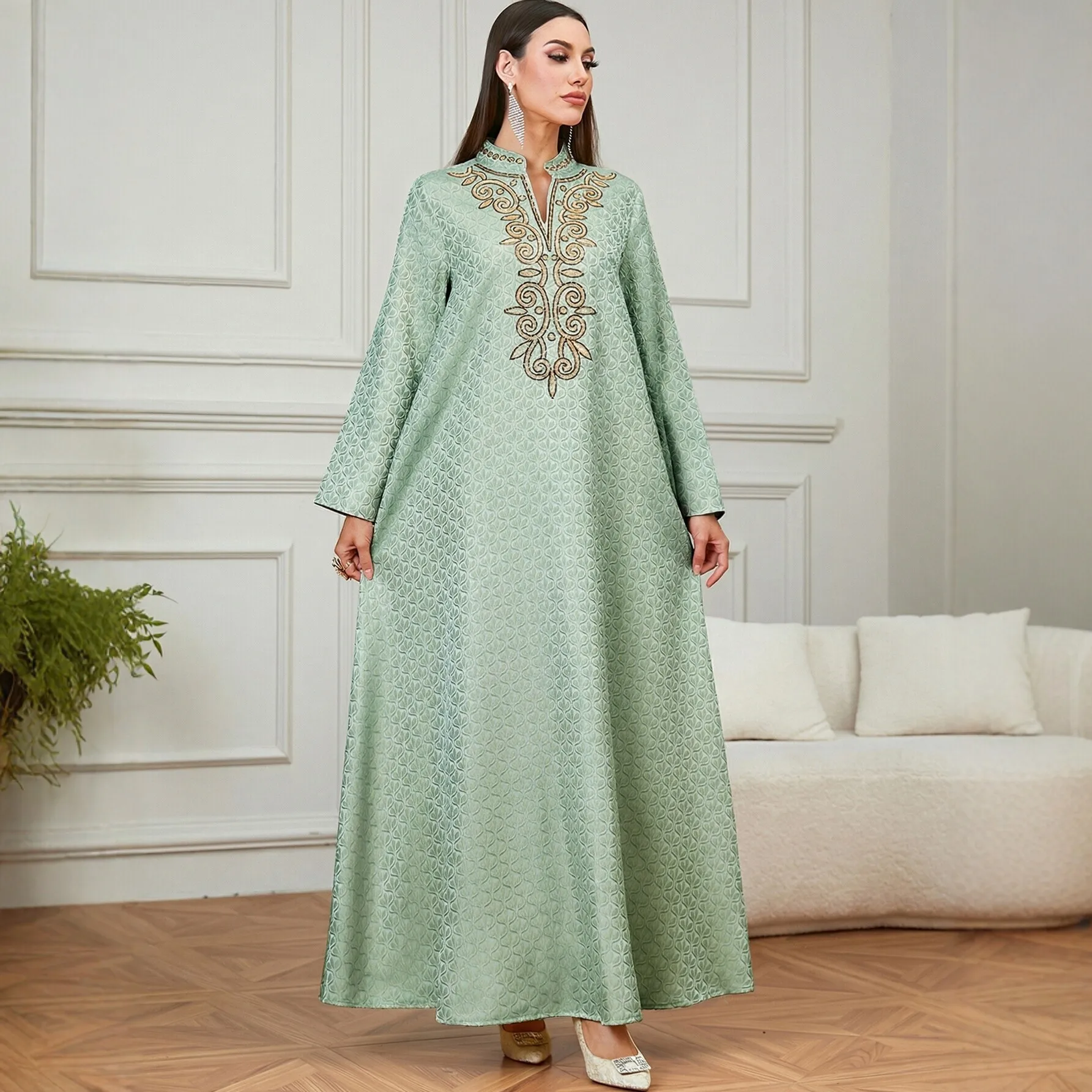 

Elegant Long Dress For Women, Embroidered With Gold Stamping And Printed Patterns, Loose-fitting Ethnic-style Evening Dress With