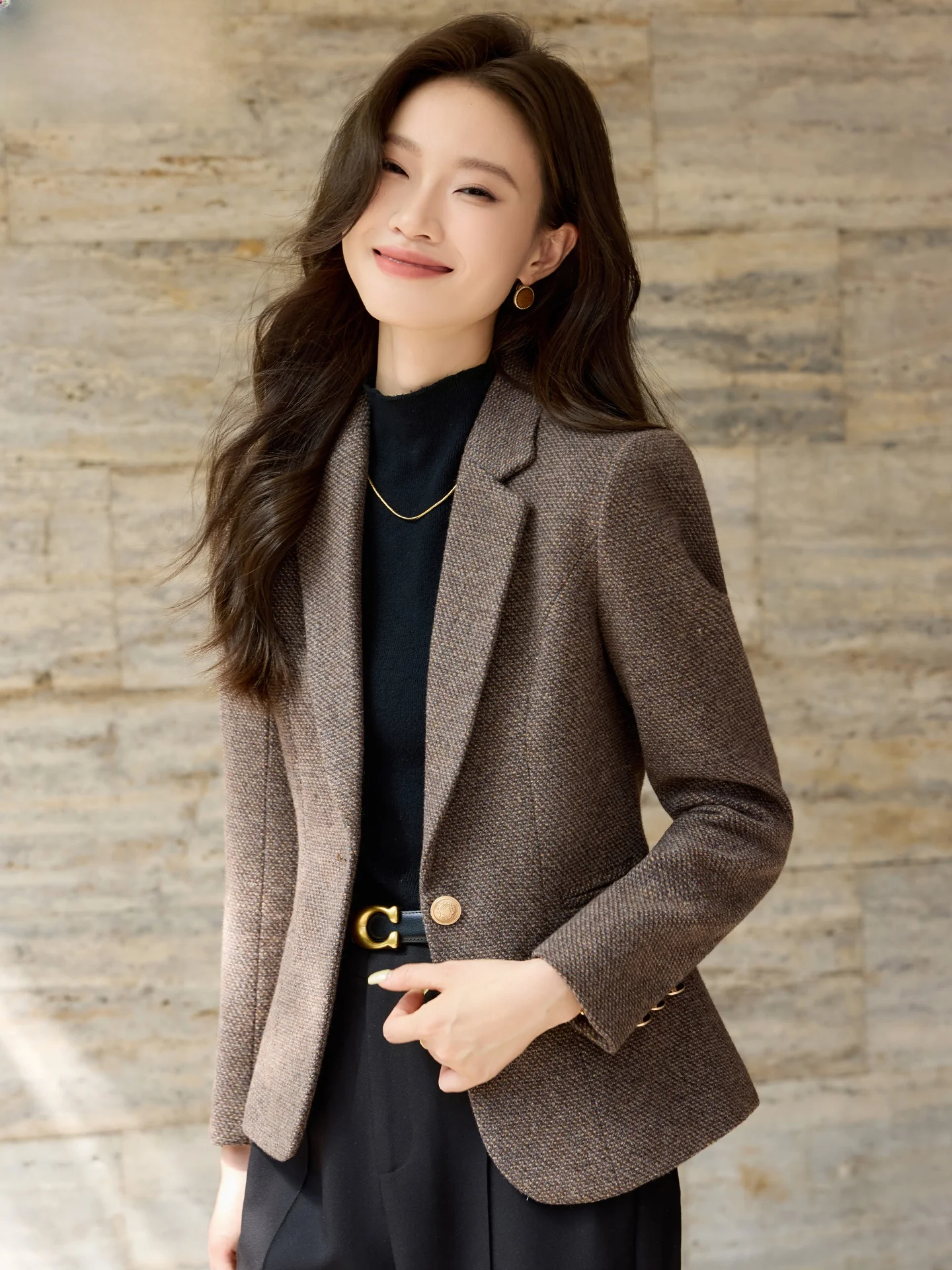 

Caramel Woolen Suit Jacket Women's Fashion Slim Fit Casual Autumn Winter Coat Button Pocket Detail Commute Ready Polyester Blend