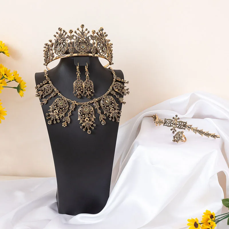 

Vintage Macedonian Wedding Dress Jewelry Bronze Plating Handmade Rhinestone Crown Necklace Earrings Bracelet Ring 5pcs/Set brida