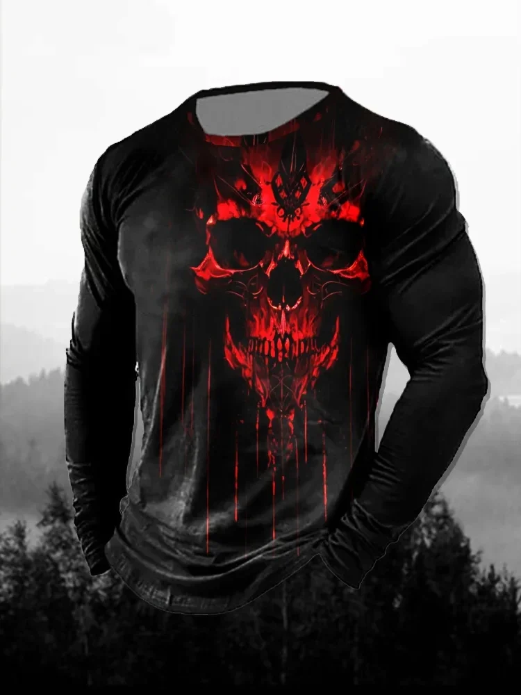 T-shirt à manches longues pour homme, motif 3D imprimé, tête de mort rouge foncé, effet goutte à goutte, style gothique, idéal pour Halloween, les motards, le quotidien, les tenues décontractées, les vêtements de rue originaux.