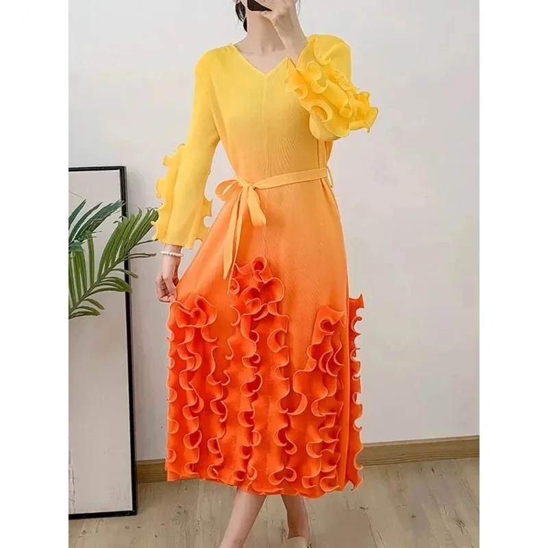 ALSEY Belt Pleated Gradient Dress Women V-neck Long Sleeves Lace-up Gathered Waist Ruffles Dresses 2024 Summer New Party