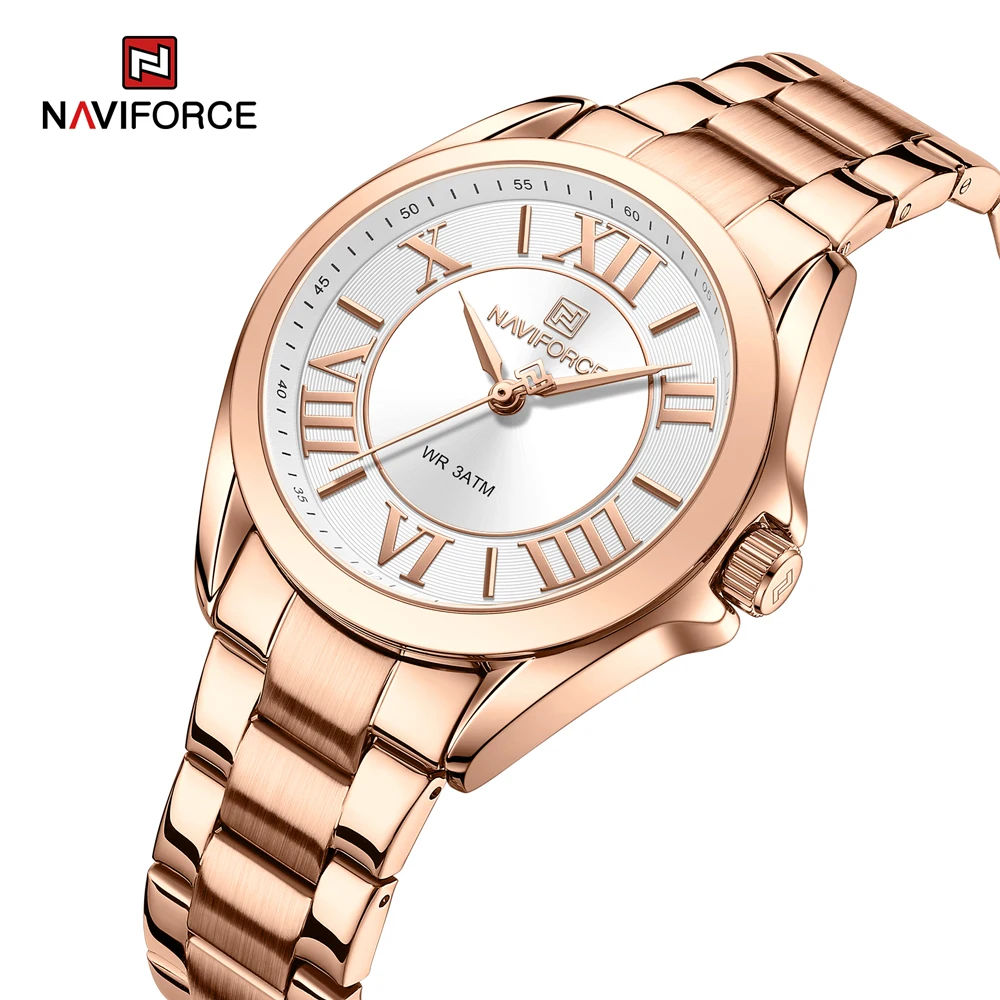 NAVIFORCE Fashion Ladies\' Watch Casual Roman Numerals Creative Dial Stainless Steel Waterproof Quartz Wristwatches for Women