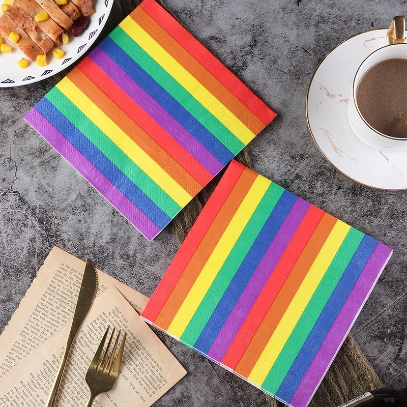 Colourful Printed Napkins Striped Printed Cloth Paper Wedding Party Tissue Rainbow 2 Layer 20pcs/pac Food Grade Paper Placemat