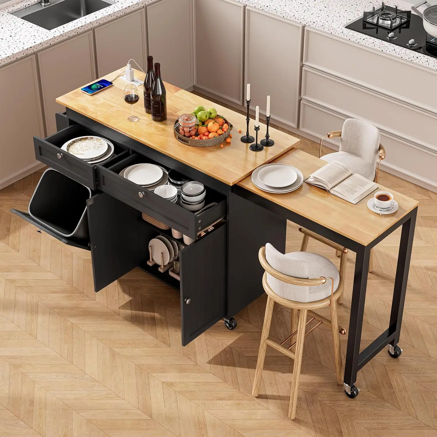 Kitchen Island Extendable Dining Table Mobile Storage Cabinet Black, Customized