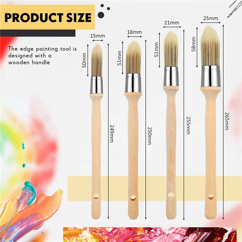A7THK-24 шт., кисть для рисования с деревянной ручкой, инструмент для рисования с круглыми краями, кисти для рисования для углов, краев стены дома, искусство
