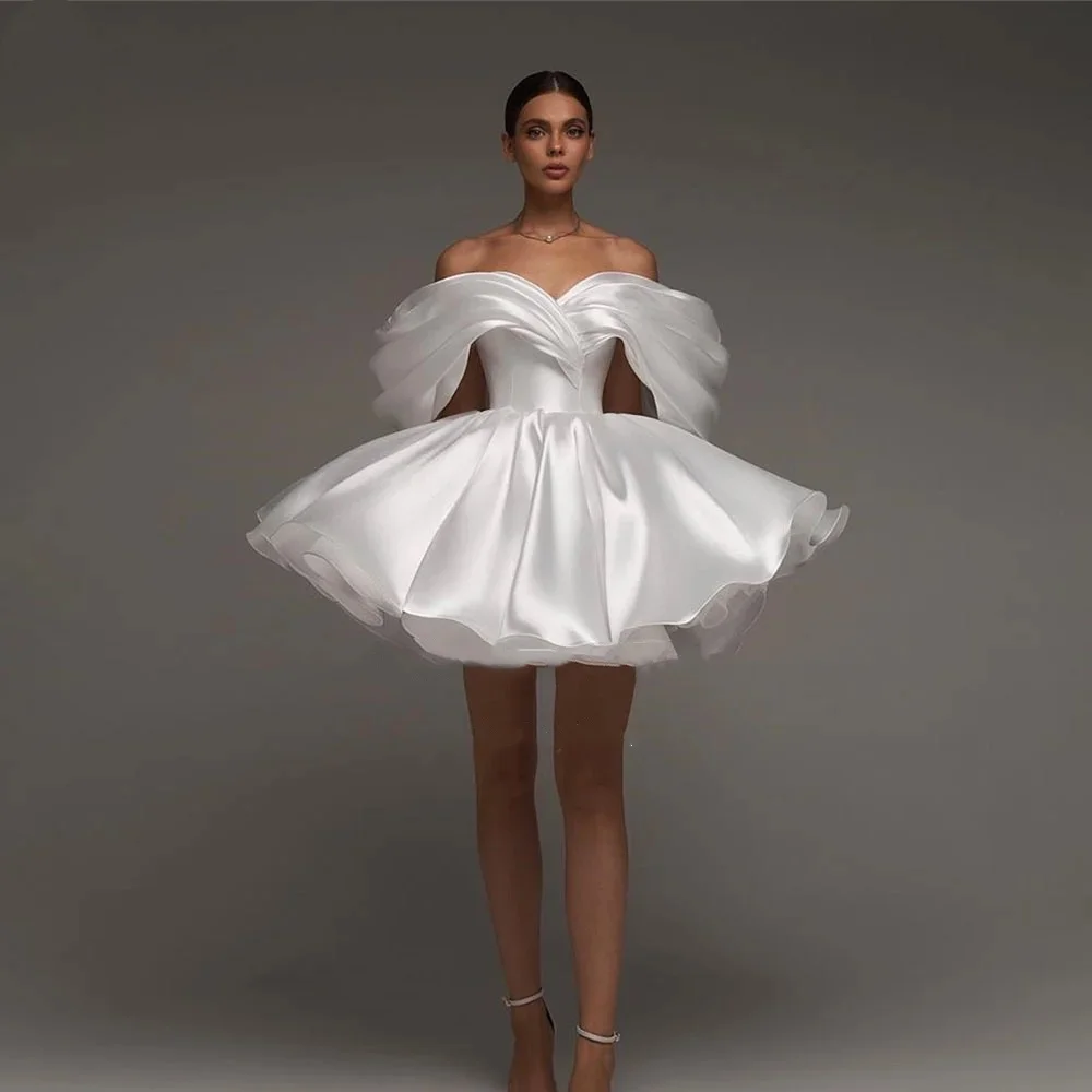 

Customized Off The Shoulder Short Wedding Dress A Line Satin Bride Dresses Mini Party Gowns Birthday Dress Vestido de novia