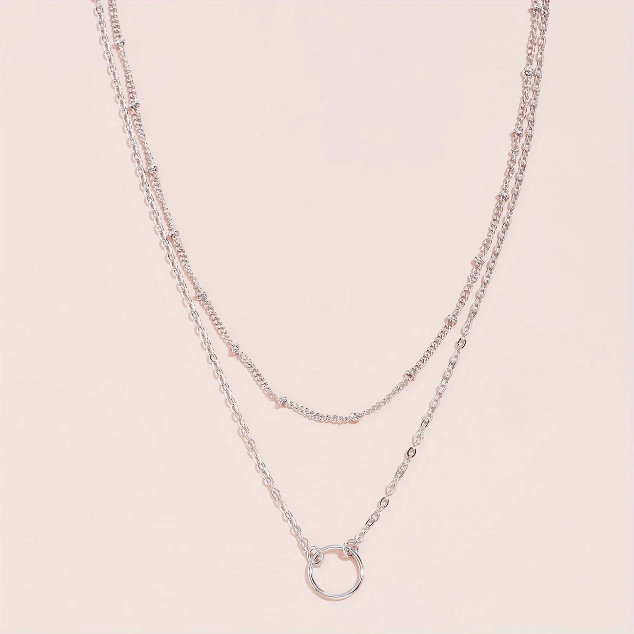 Double Layer Beaded Thin Chain Circle Pendant Necklace 316L Stainless Steel Gold Silver Two Tones Minimalist Geometric Jewelry