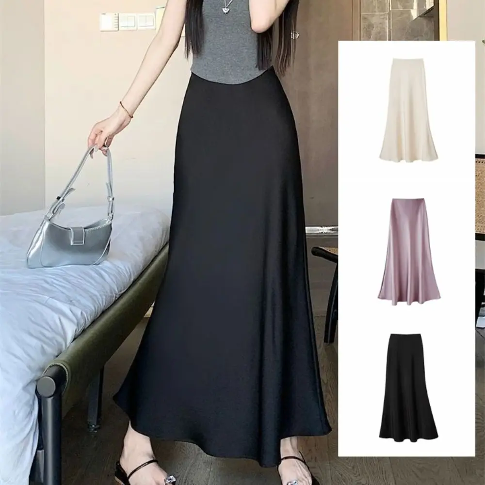 Simple Summer Satin Silk Long Skirt High Waist Half Body Dress High Waisted Skirts Slim Fit A Line Midi Skirt Women