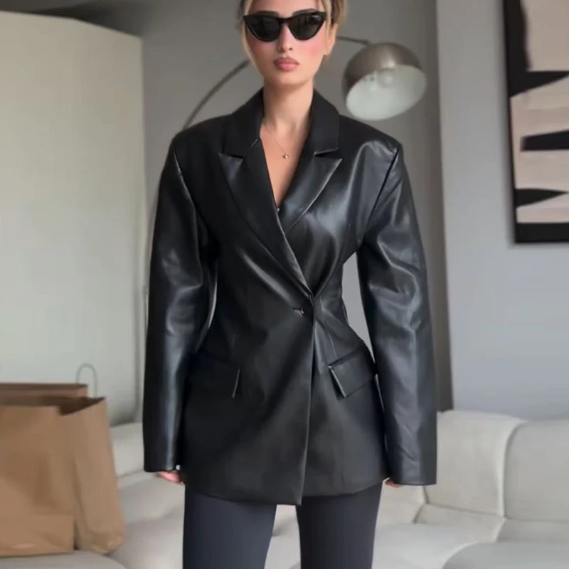 TFMLN سترة نسائية جديدة للخريف من الجلد الصناعي معاطف أنيقة عتيقة لراكبي الدراجات النارية الأمريكية ملابس خروج عصرية بأكمام طويلة #4