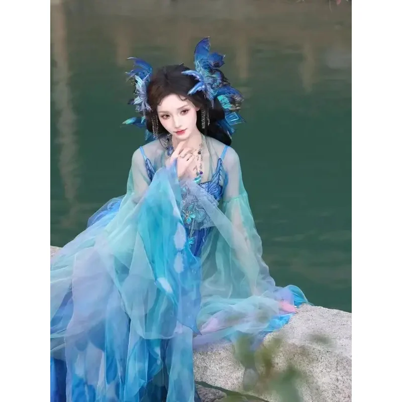 Cy[Blue Flash Butterfly]Zisong Hanfu Women's Super Immortal Heavy Industry Embroidery Big Sleeve Improved Strap Skirt National
