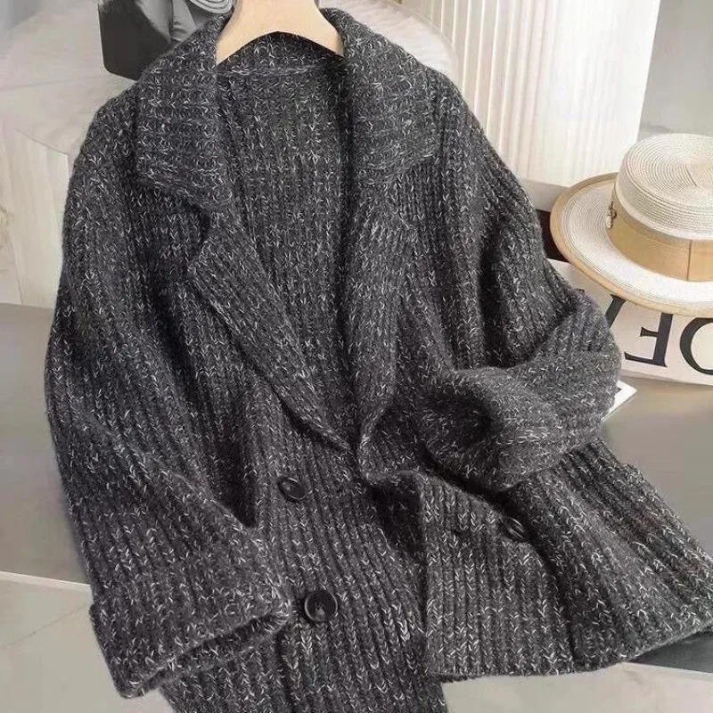 

Turn-down Collar Knitting Cardigan Coat Women Autumn Simplicity Solid Color Sweater Trend All-match Casual Knitwear Tops JJ509