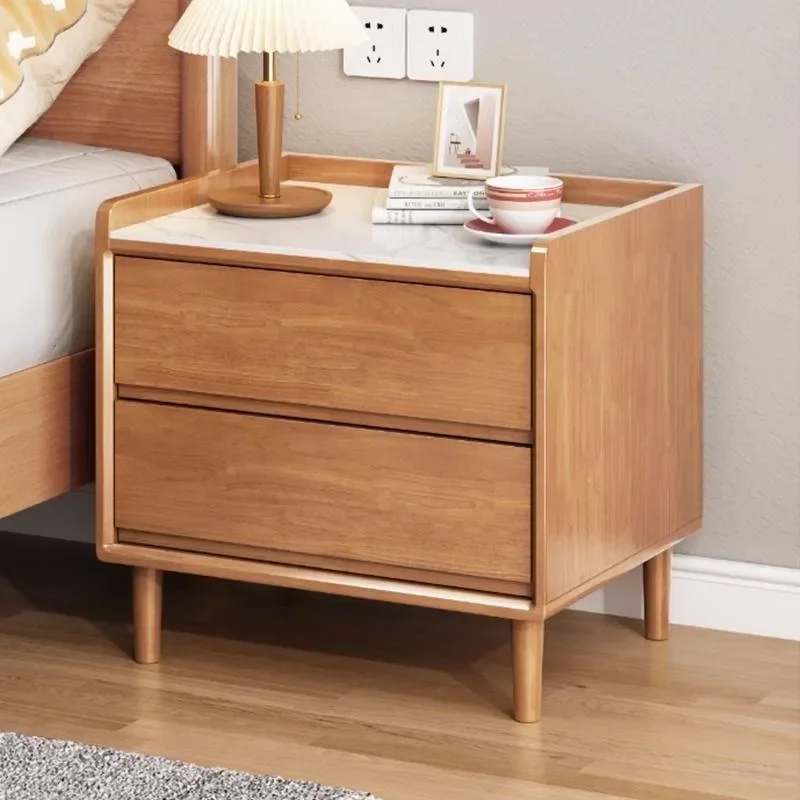 Nordic Solid Wood Sintered Stone Nightstand Modern Minimalist Bedroom Storage Side Table Compact End Table for Home Decor