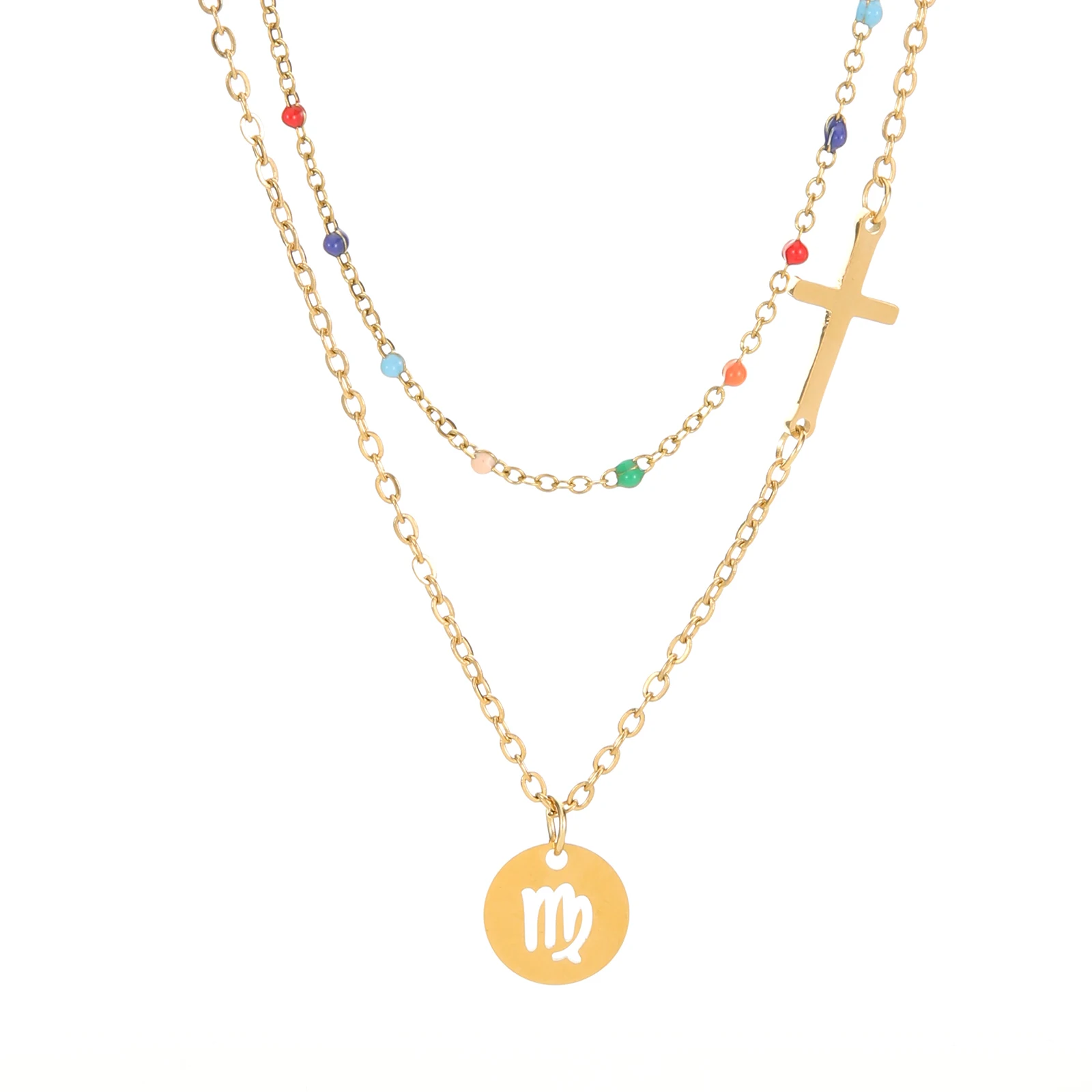 

12 Zodiac Sign Necklaces for Women Double layer Stainless Steel 18K Gold Charm Cross Pendant tiki Fashion Birthday Gift Friend