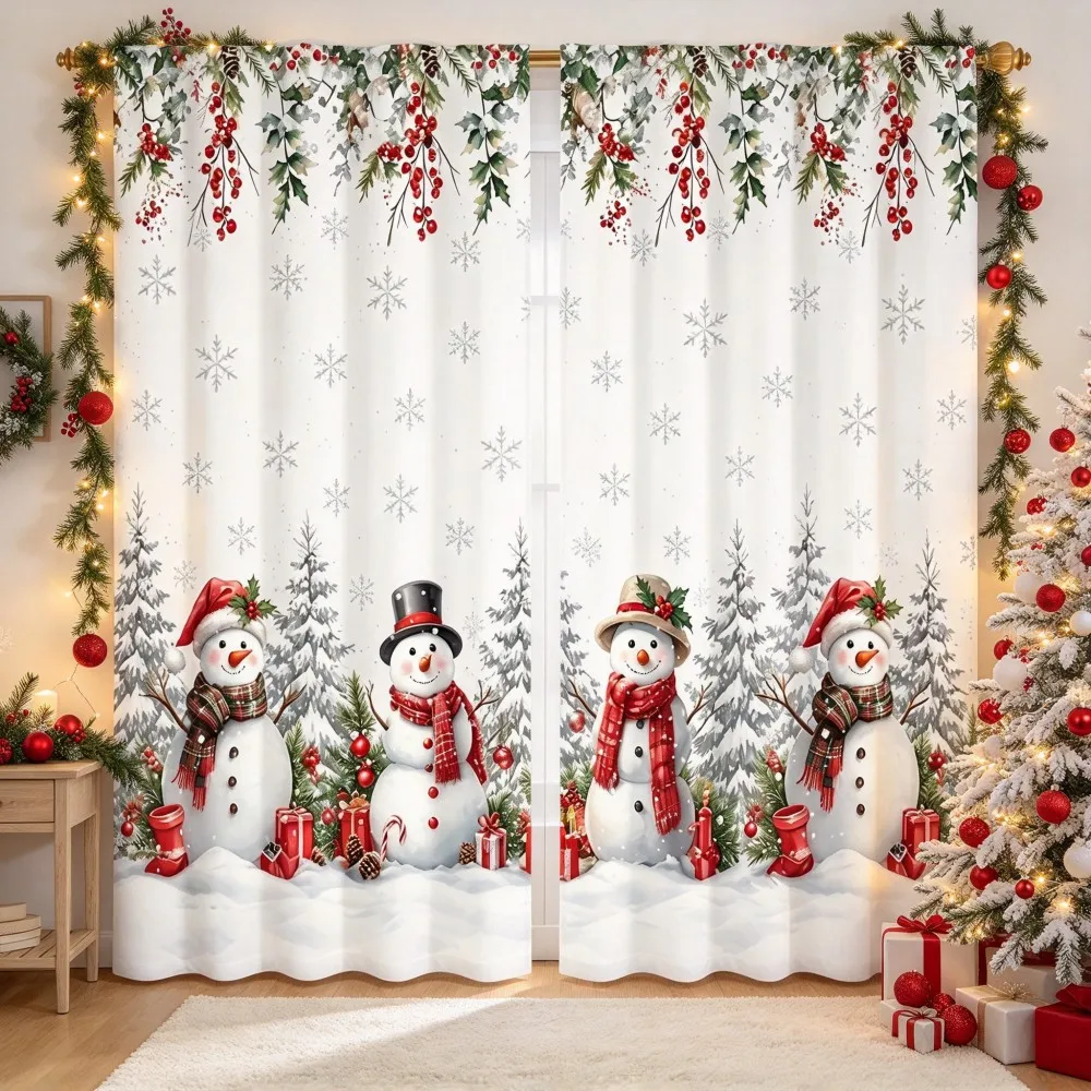 2PCS Christmas Winter Curtains, Watercolor Snowman Pine Berry Forest Gift, Digital Print, Bedroom Living Room, Home Decor
