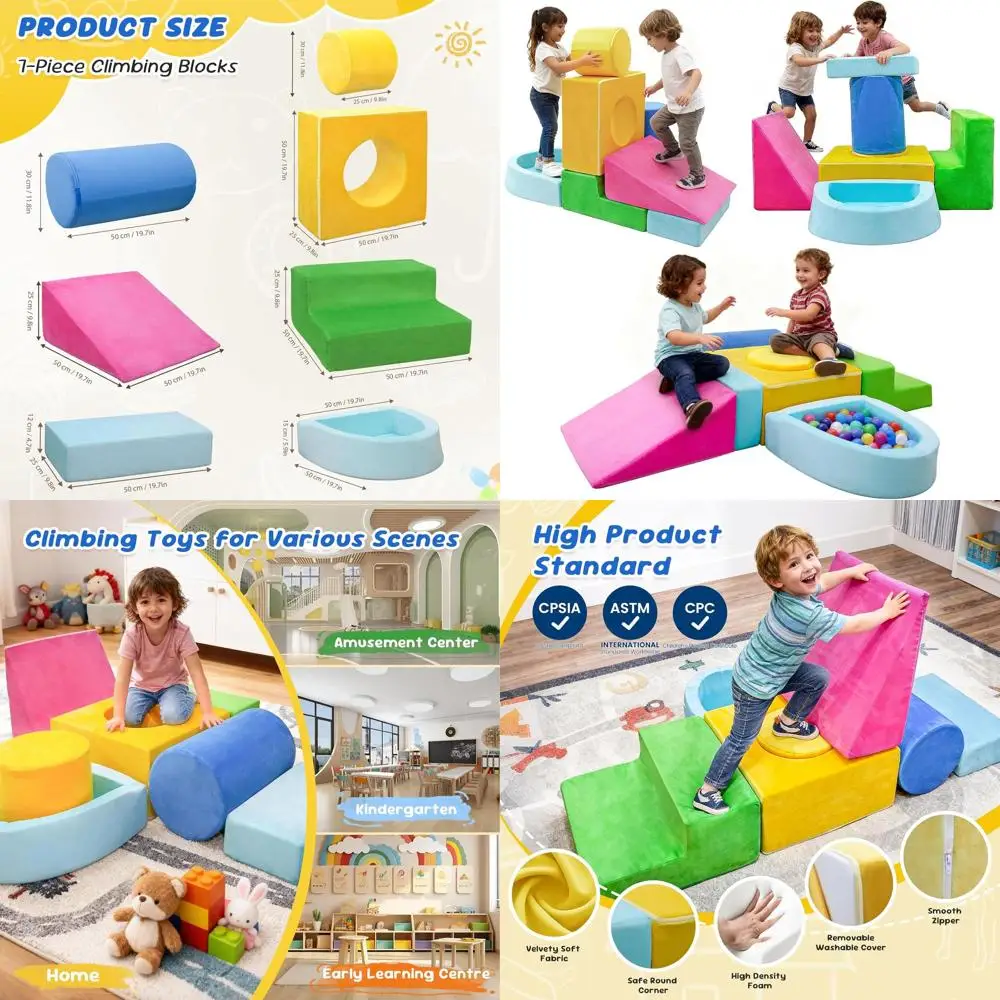 Set di blocchi di schiuma per bambini da 7 pezzi, palestra interna colorata per strisciare, arrampicata, scorrevoli, età 1-3 anni