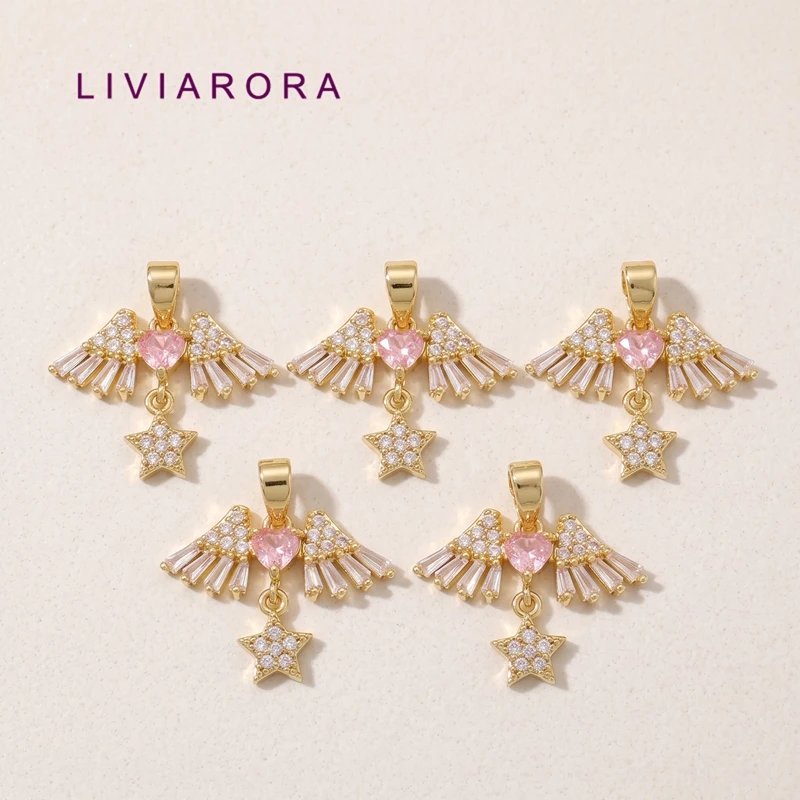 1/2/3Pcs 18K Gold Plated Brass Guardian Angel Wings Charms Pendant CZ Star Drop Guardian Angel Charms For DIY Jewelry Materials