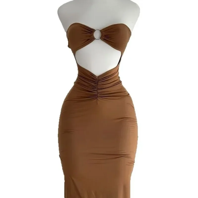 Mode femmes décontracté moulante élégant évider sans bretelles fête d'été sans manches Sexy robe de soirée plissée vêtements de rue