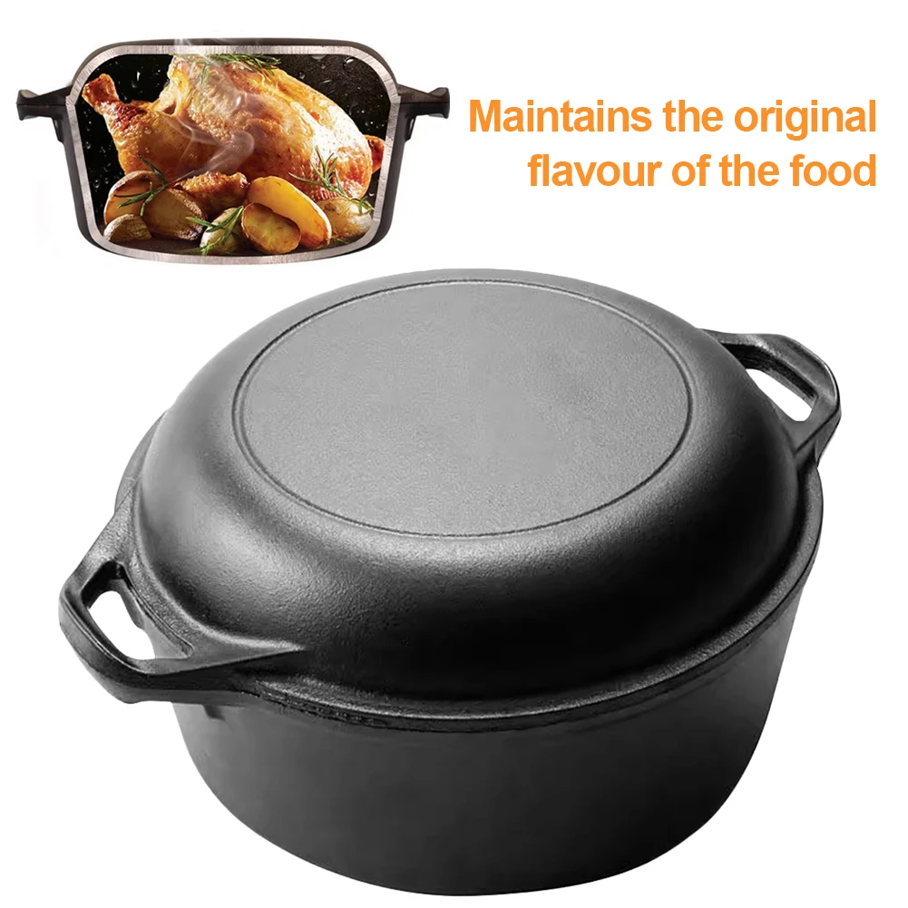 Horno holandés de hierro fundido 2 en 1 con tapa de sartén, utensilios de cocina, juego de sartenes con asas dobles para hornear pan