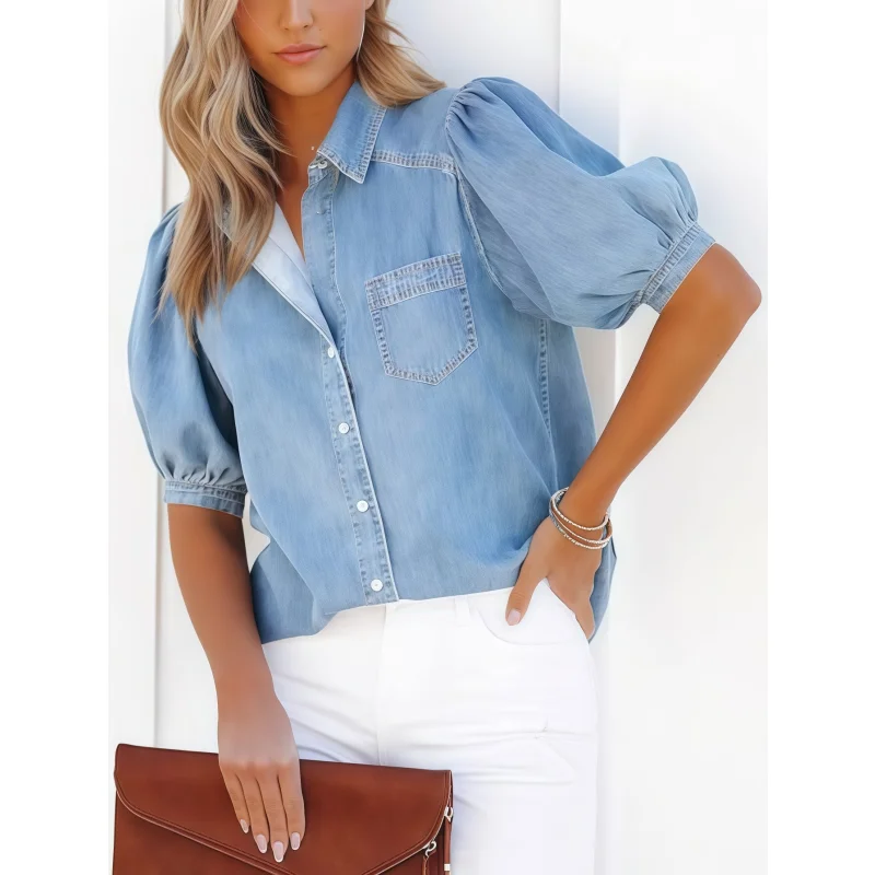 Camisa feminina casual de manga curta com botão solto blusa de algodão leve respirável verão escritório workwear estilo elegante