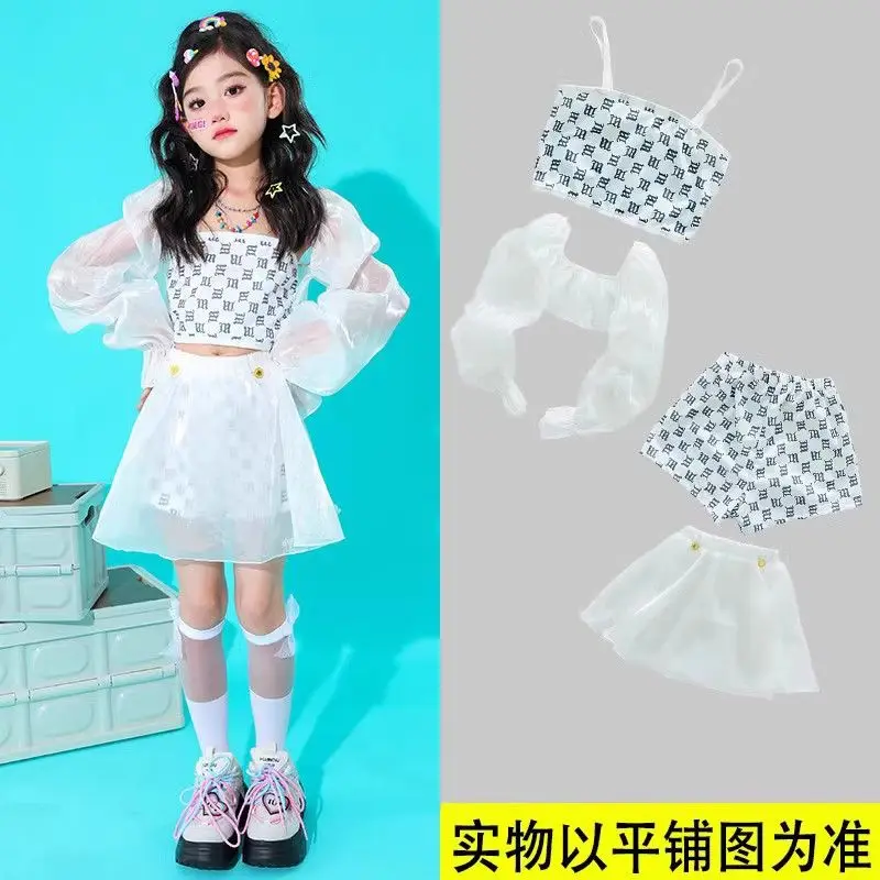 Kpop Girls Clothes Jazz Dance Costume White Performance Suit Hip Hop Modern Dance Outfit Kids Stage Wear Fashion Clothing