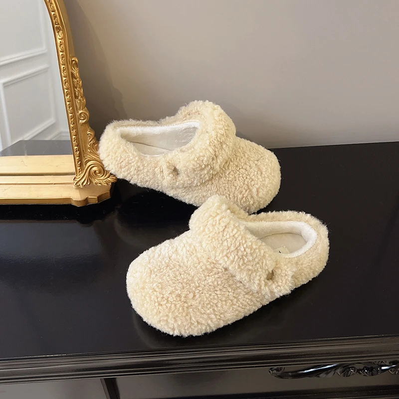 

Winter Girls Furry Plush Slippers Fashion Beige Coffee Kids Causal Warm Cotton Shoes Simple Non-slip Children's Soft Slippers