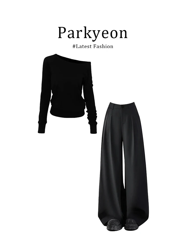 

Parkyeon Vintage High-End Black Knitted Sweater Asymmetrical Shoulder Slim Fit Versatile Top Elegant Style Spring 2026 New Ar...