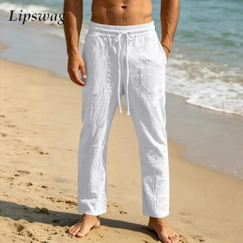 Vacation Casual Mens Loose Linen Pants Summer Leisure Breathable Straight Trousers Men Fashion Drawstring Solid Color Bottoms