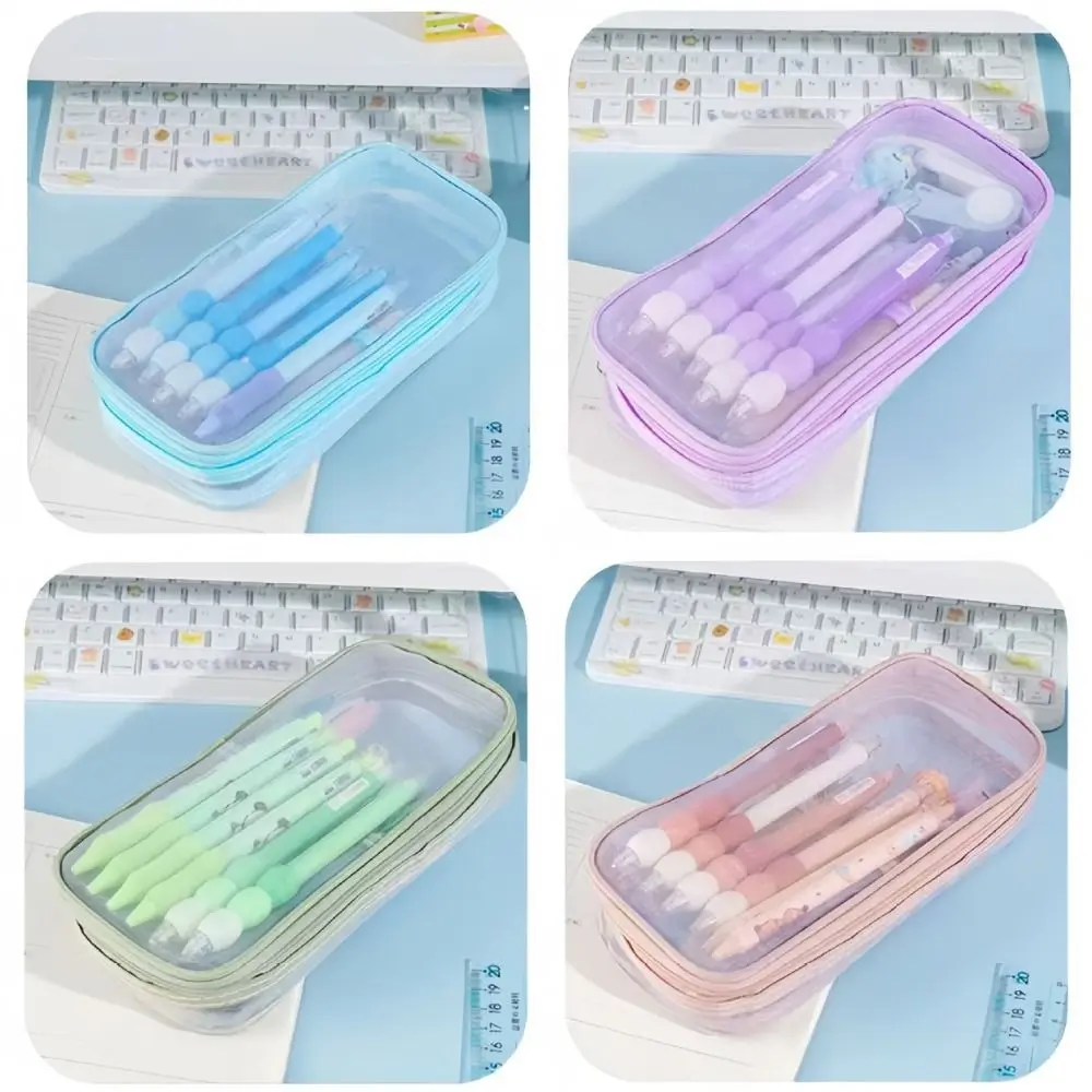 Double Layer Mesh Pencil Case Lightweight Multi-Purpose Transparent Pens Pouch Large Capacity Aesthetic Bag