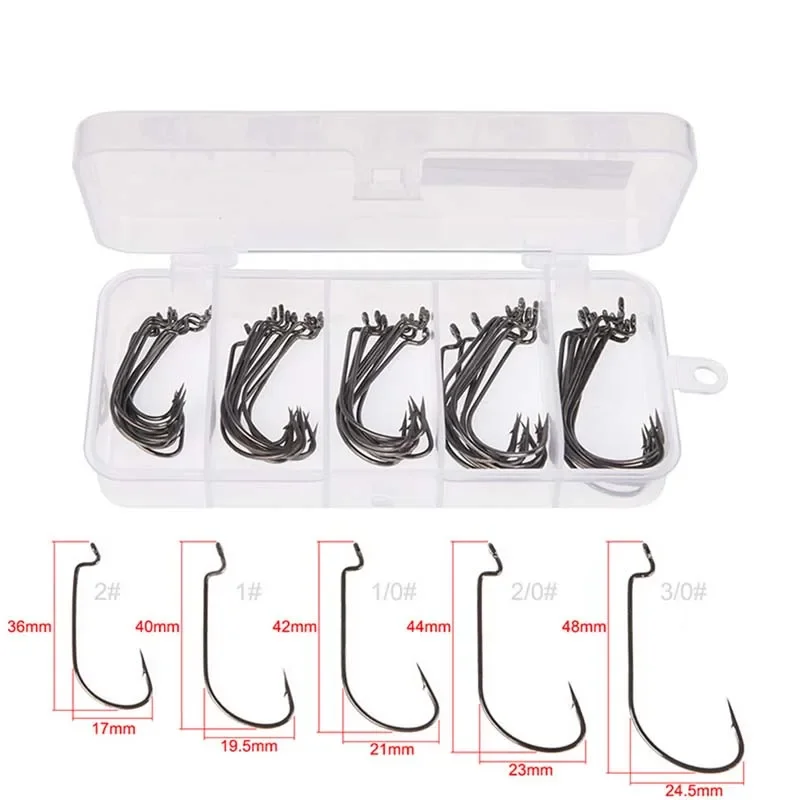 50Pcs Box Fishing Hooks Set Jig Crank Barbed Hook High Carbon Stainless Steel Wide Gap Offset Fishhook Soft Worm Sea Hook Tackle