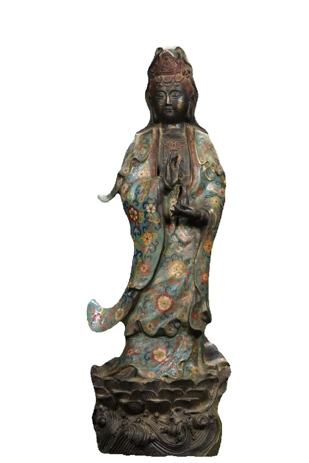 

24"China Collections Old Bronze Cloisonne Enamel Floral Pattern washing bowl Guanyin Bodhisattva Station Buddha Lotus Terrace