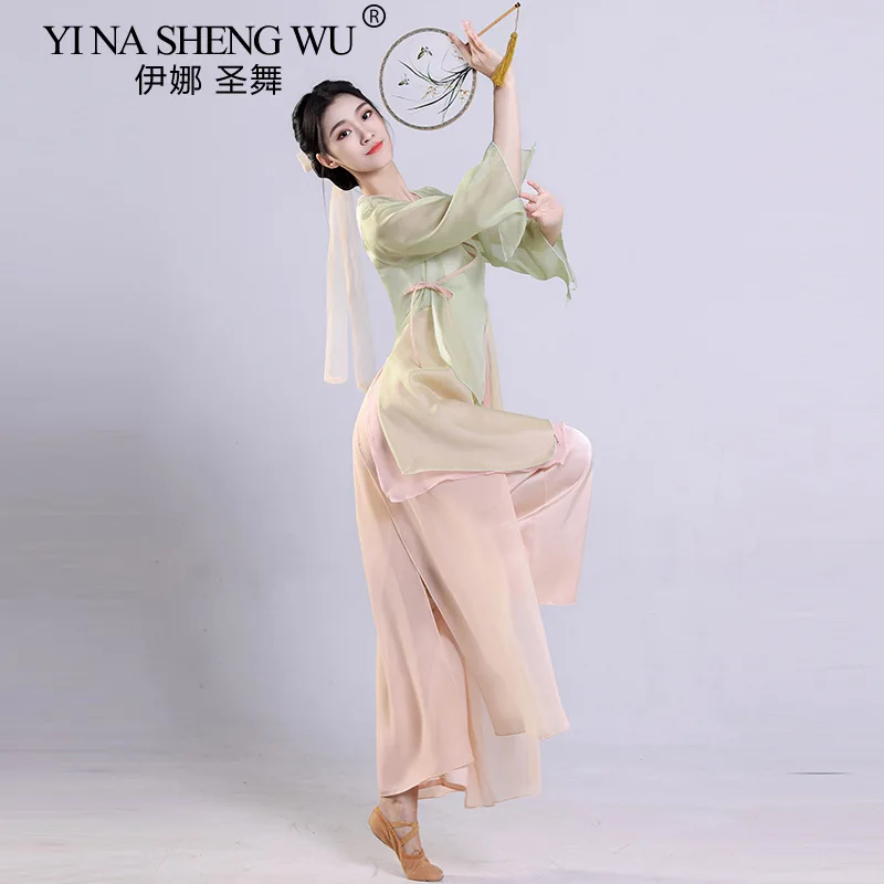 Chiński taniec klasyczny Top damski zwiewna szyfonowa przezroczysta bluzka eteryczna koszula treningowa tradycyjne stroje wydajnościowe dla dorosłych dziewcząt