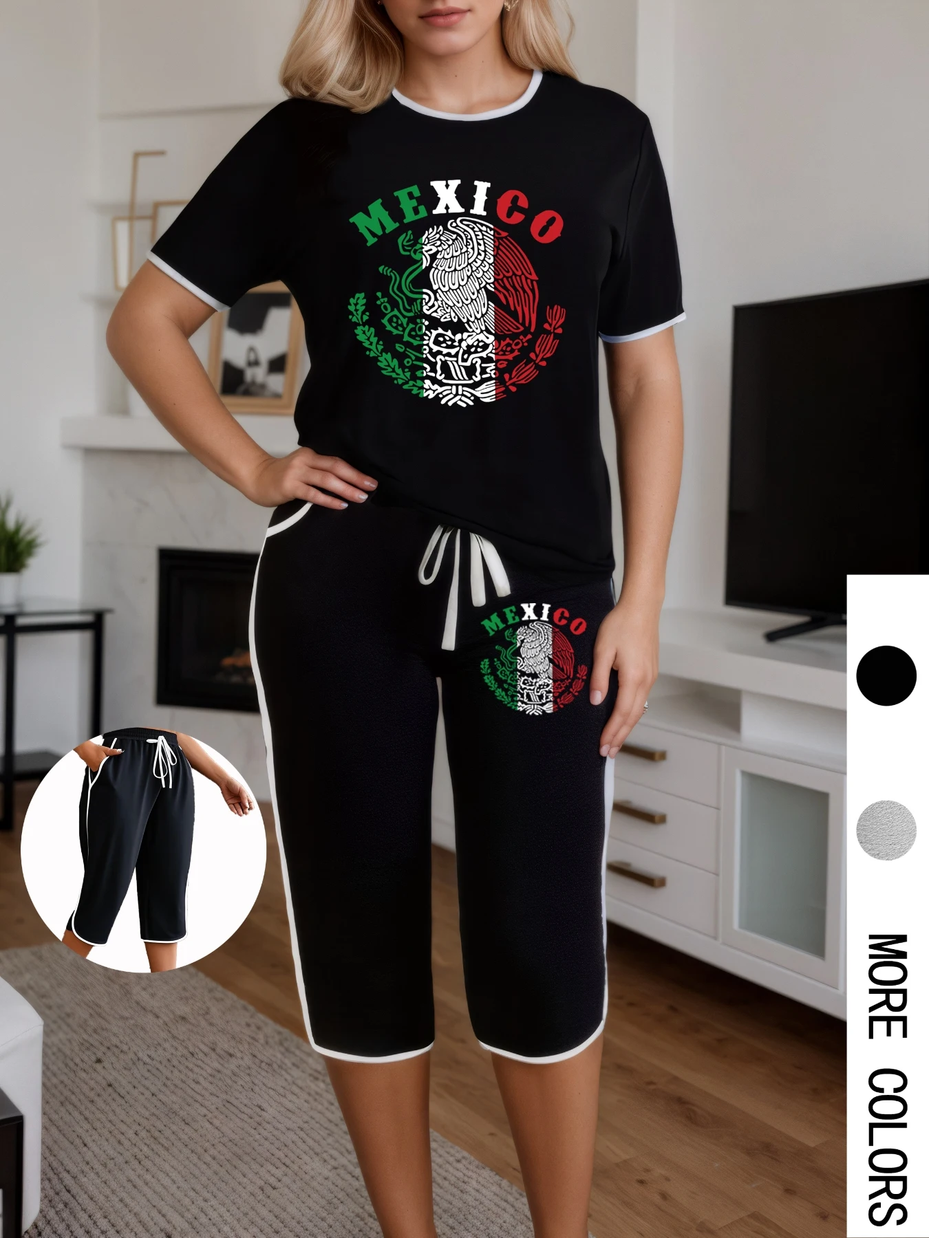 

Plus Size Women Two Piece Set Graphic Print Short Sleeve T-shirt Capri Pants Summer Suits Oversize Chic 2 Piece Outfits