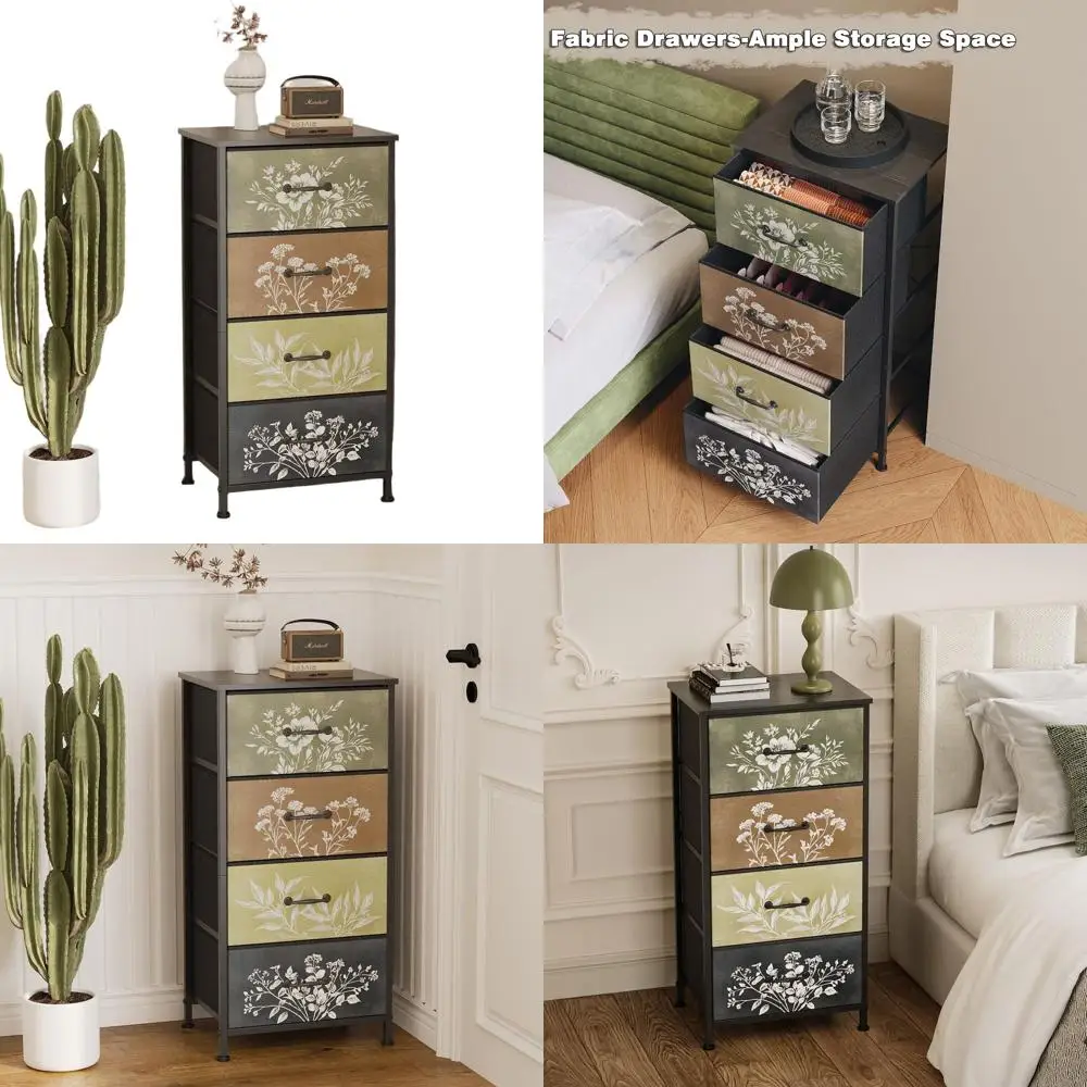 

Rustic Farmhouse 4-Drawer Vertical Nightstand with Neutral Fabric and Botanical Plant Design for Bedroom or Bathroom Storage