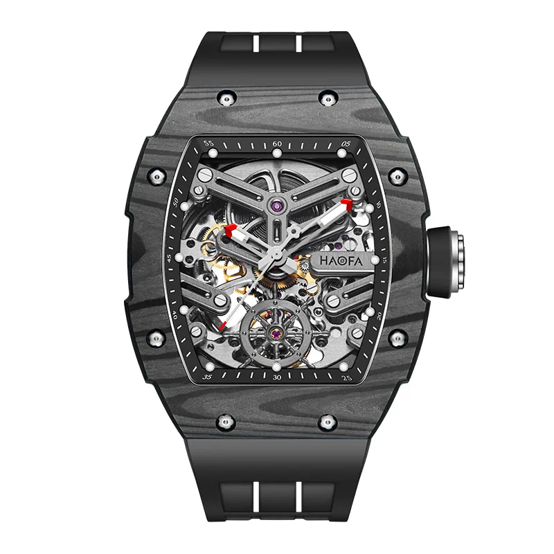 Haofa Mechanical Luminous Watch Men Homme Hollowing Skeleton Automatic Movement Carbon Fiber Waterproof Business Fashion 1982