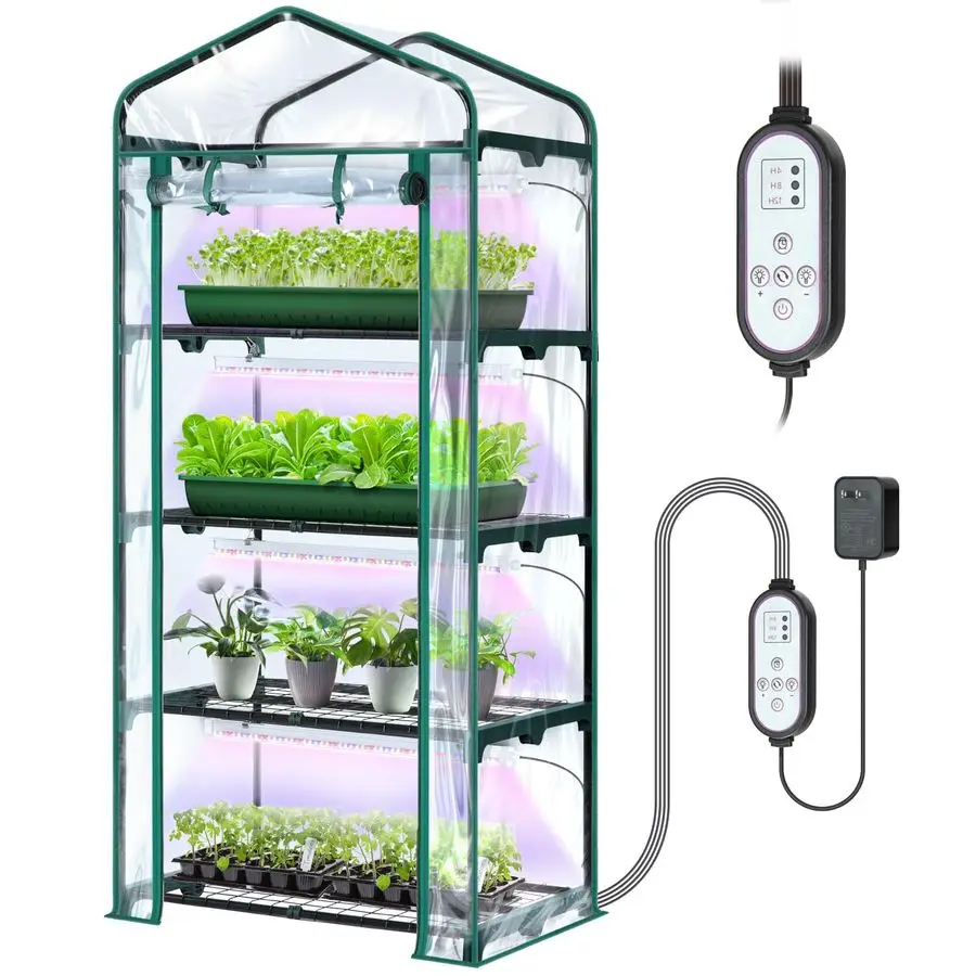

Greenhouse with Grow Light, 4Tier Mini Green House for Winter Full Spectrum Greenhouses for Seed Starting Small Portable Green H