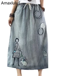 Amax luluE, moda coreana, ropa de calle para mujer, faldas vaqueras holgadas con bordado clásico de verano, ropa informal Vintage de dibujos animados para mujer