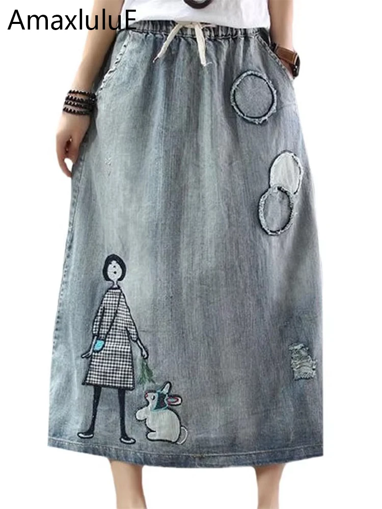 Amax luluE Korean Fashion Streetwear Womens Summer Classic Embroidery Loose Denim Skirts Ladies Casual Vintage Cartoon Clothes