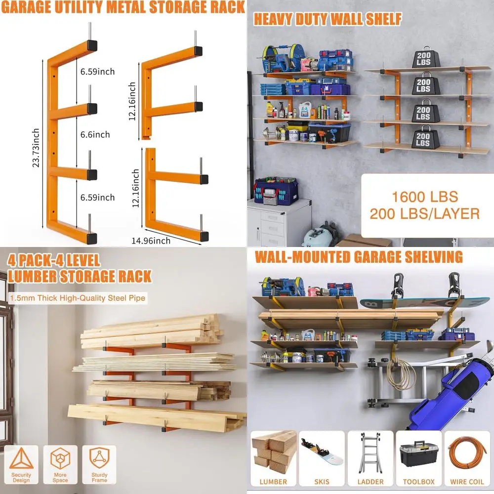 

8-уровневый сверхпрочный настенный деревянный стеллаж для хранения, оранжевый металлический органайзер для наружных и внутренних предметов, вмещает до 1600 фунтов