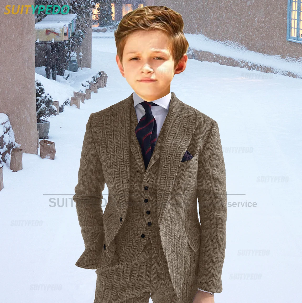 2025 New Wine Red Herringbone Kid Boy Suit Set School Classic Festival Party Children Fashion Notch Lapel Blazer Formal Outfits