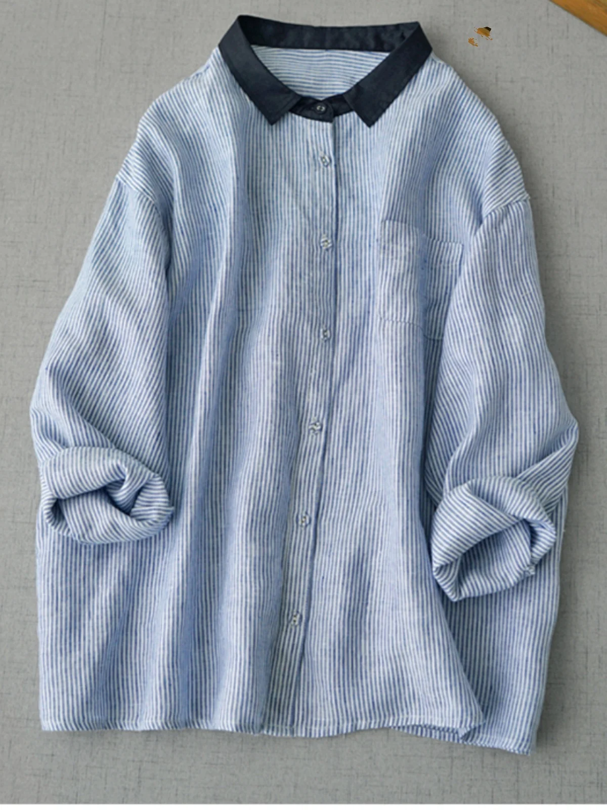 Loose Fit Women's Long Sve Striped Linen irt Versatile Autumn Faion Commute Sle Casual  Collar Button up Top