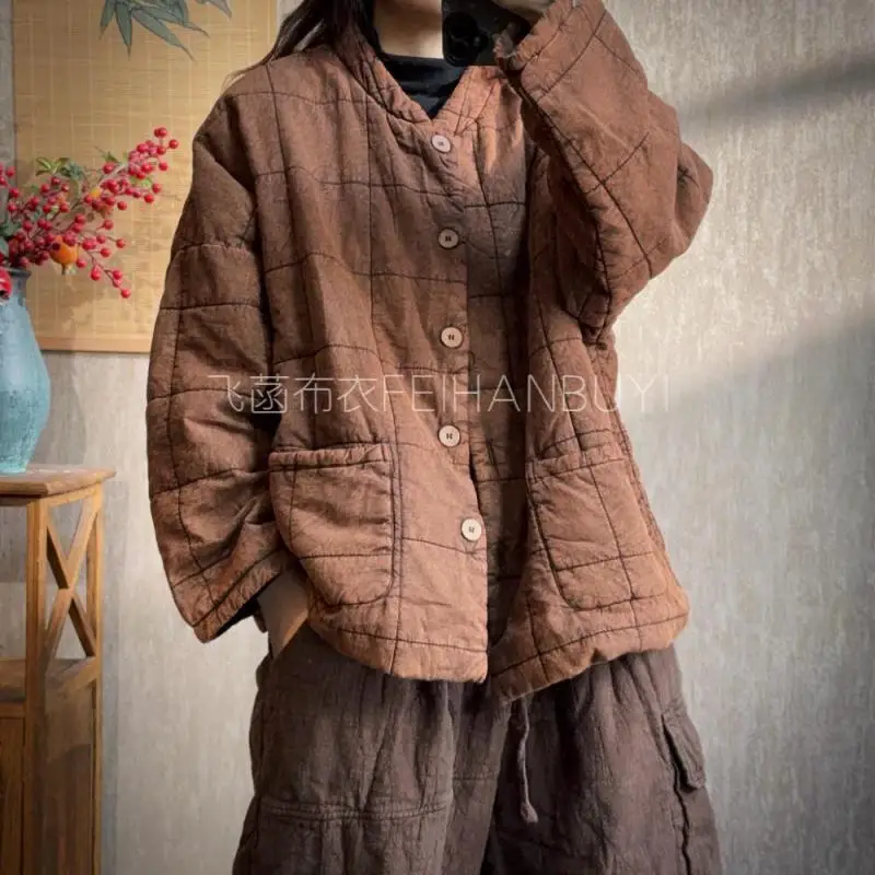 

Autumn Winter Arts Style Women Single Breasted Loose Casual Jackets Double pocke Thicken Cotton Linen Vintage Coats High Quality