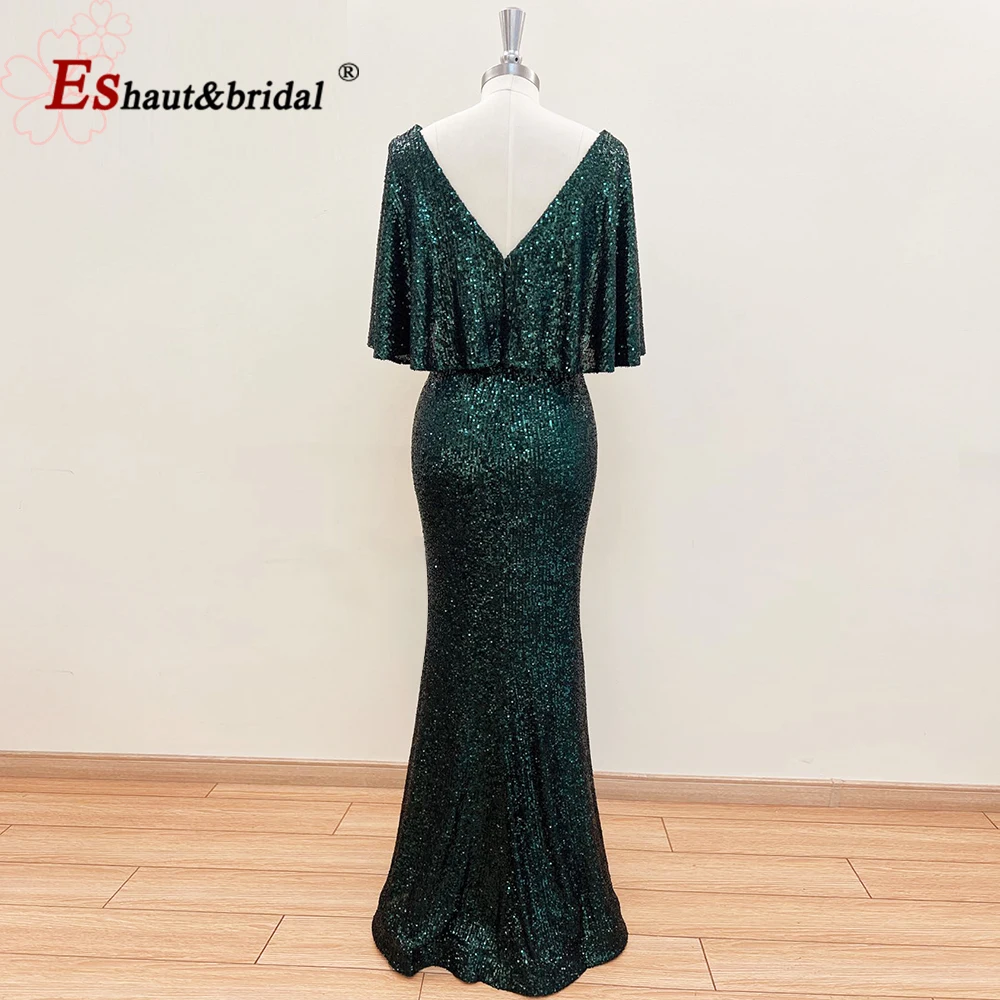 Vestidos de Noche elegantes de lentejuelas para mujer, vestidos de fiesta formales de talla grande con cuello de pico y mangas tipo capa de sirena, personalizados, 2024