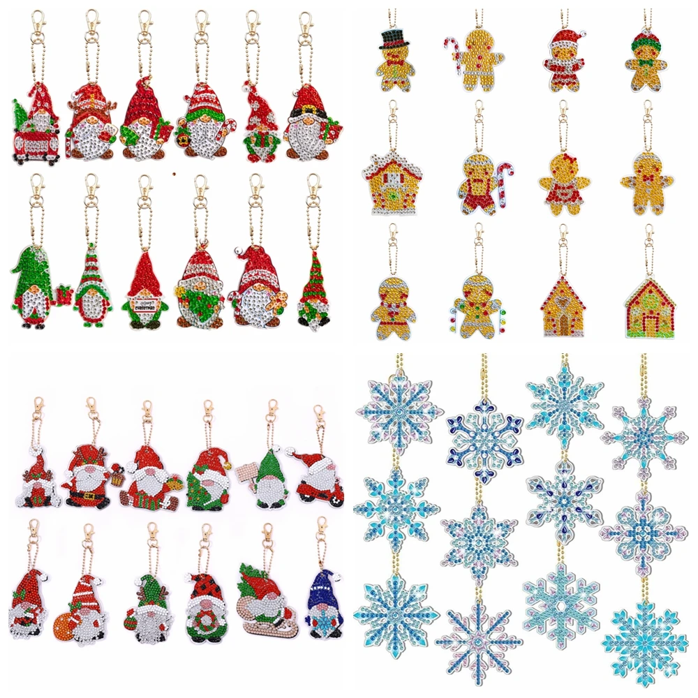 12pcs/Set DIY Snowflake Diamond Painting Keychains Christmas Double Sided Key Chains Christmas Gnome Diamond Art Kits for Adults